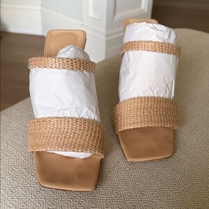 Cult Gia Floating heel Elegant Tan Woven Strap Women's Sandals